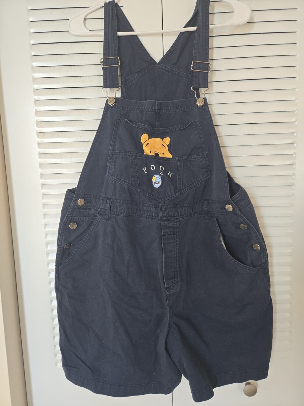 Vintage Disney Pooh Overall Shorts Womens 15W Blue Denim Embroidered Tigger 90s